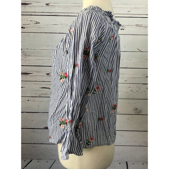 Miss Me‎ Off the Shoulder Denim Blouse Medium Embroidered Sexy Top Striped Shirt - Picture 7 of 8